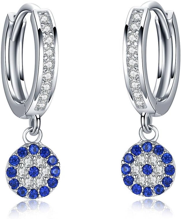 Round Blue Evil Eye Stud Earrings in Sterling Silver 925 With Cubic Zirconia CZ and Butterfly Backs