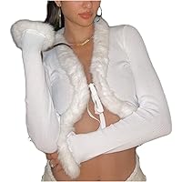 Women 's Fluffy Knitted Cardigan Long Sleeve V Neck Fur Trim Crop