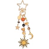 KIUEZIR Y2K Boho Sun Moon Star Keychain - Gold Star Clasp Stone Beaded Bag Charm for Backpack Purse