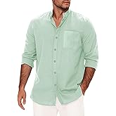 APRAW Mens Cotton Linen Button Down Shirts Long Sleeve Casual Summer Plain Shirt Tops with Pocket