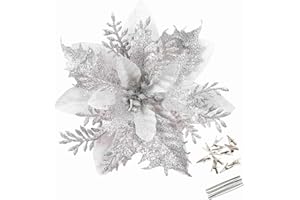 GREENTIME 12 Pcs Glitter Poinsettia 5.5" Artificial Flowers Christmas with Clips Stems Xmas Tree Ornaments for New Year Party Stairs Fireplace Porch Balcony Garden Church Wreath Decoration (Silver)