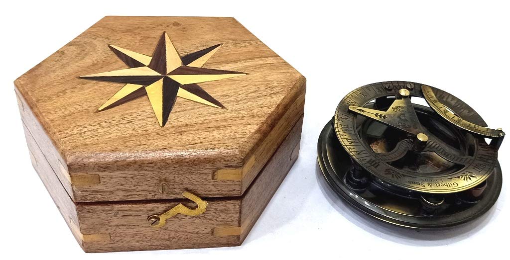 Handmade Sundial Compass in gift Box Sun Dial Watch Navigation Captain Brass Nautical brass Solid Compass in fitted Wooden Box.