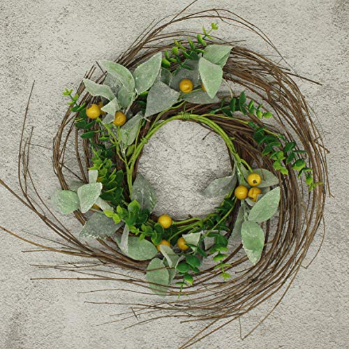 CVHOMEDECO. Rustic Country Artificial Lambs Ear/Boxwood and Twig Wreath, Year Round Full Green Wreath for Indoor or Outdoor Display, 14-Inch - Thumbnail 2