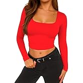 ForeFair Womens Square Neck Long Sleeve Crop Top Basic Going Out Top Tight Shirts Double Lined Tee