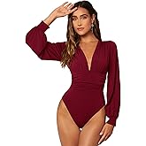 WDIRARA Women's Deep V Neck Ribbed Bodysuit Long Sleeve Skinny Bodycon Basic Bodysuit Tops