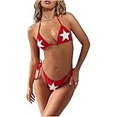 SOLY HUX Women's Halter Triangle String Bikini Set Star Print Tie Side Thong Swimsuit Two Piece Bathing Suit Beachwear