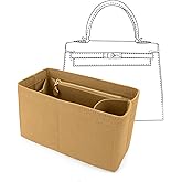 LEXSION Felt Purse Organizer Insert for Handbags with Zipper for Kelly 32,Bag Organizer with Removable Bottle Holder 8032 Light Brown Large