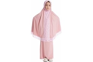 Girls Muslim Prayer Dress Abaya with Lace Hijab 2pcs Set for Kids Islamic Dubai Maxi Dress Arabic Ramadan Jilbab Eid Clothing