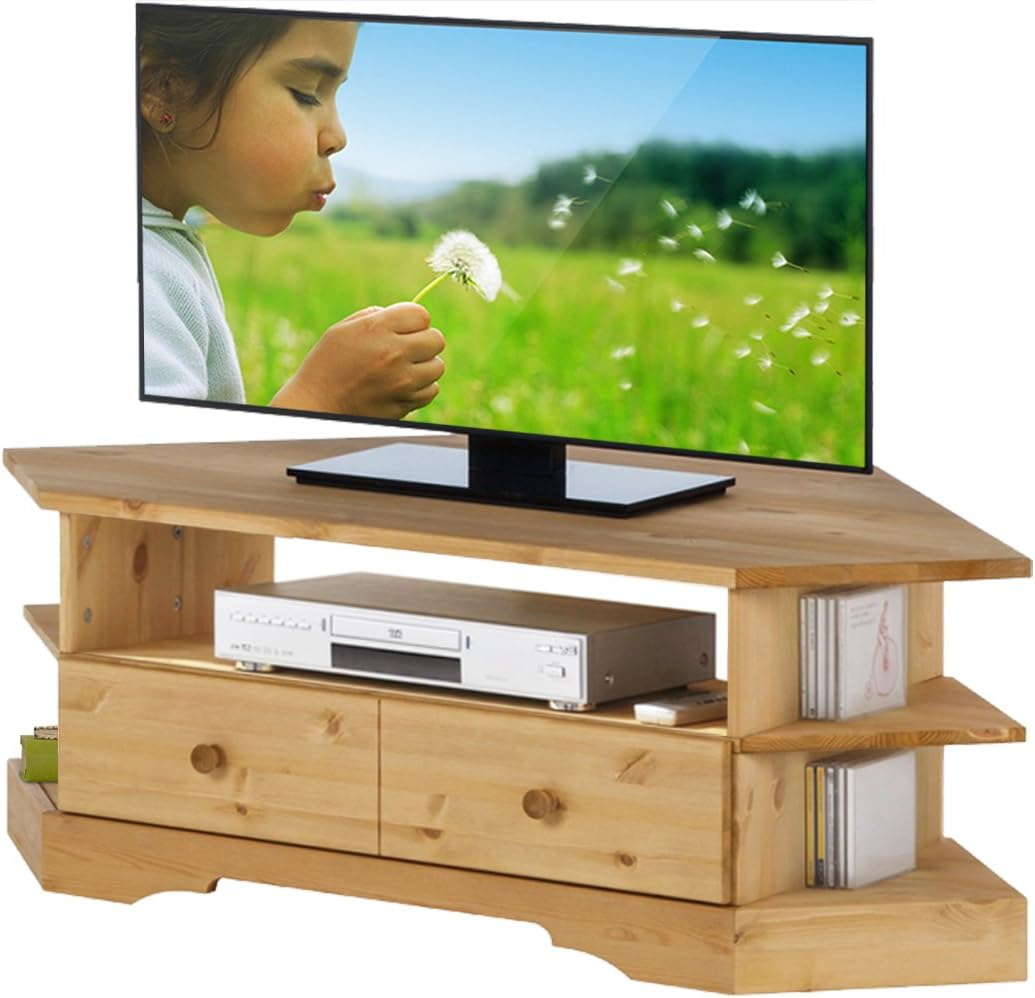 FAINA Corner TV Unit Cabinet Lowboard TV Stand/Bench Entertainment Solid Pine wood Stained/ Wax
