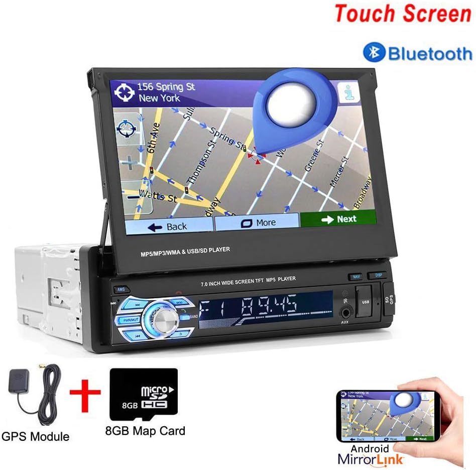 Single Din Car Stereo with GPS 7 Inch Folding Capacitive Touch Screen Radio FM Bluetooth Receiver with USB AUX-in SD Card Port Supports Mirror Link for Android Phone + 8G Map Card