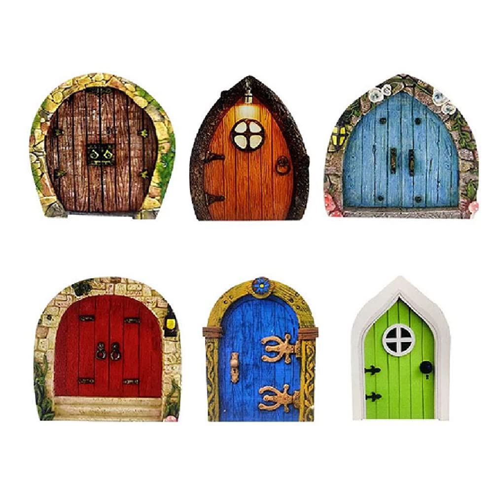 SagaSave 6Pcs Wooden Fairy Door Miniature Fairy Door Mini Door Shape Wooden Pieces Fairy Doors for Garden Trees Home Office