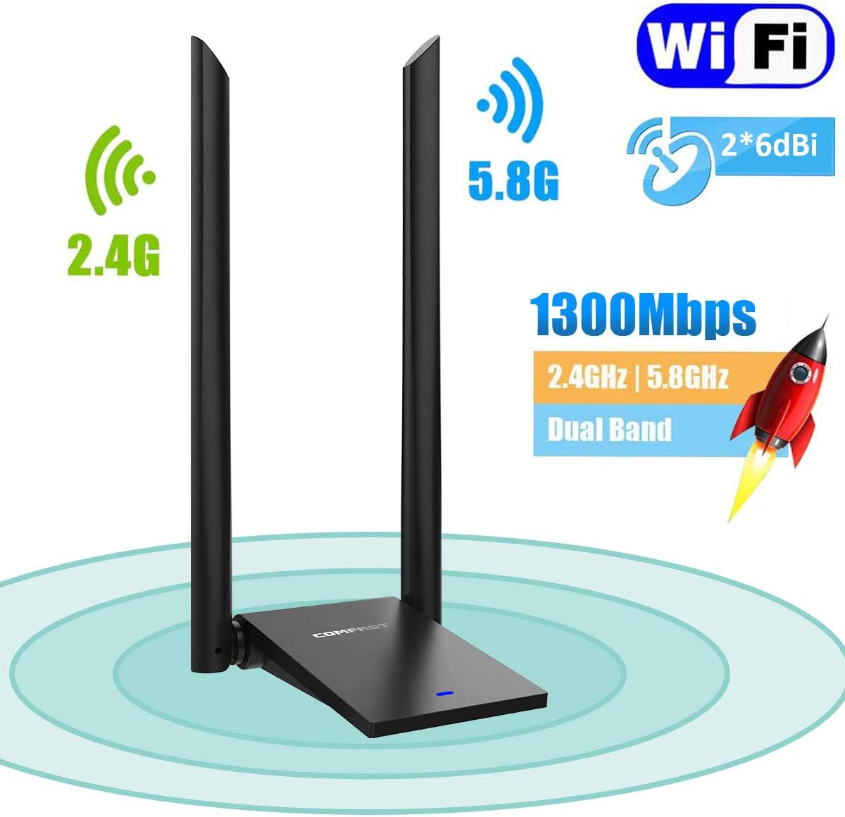 USB WiFi Adapter for PC, 1300Mbps Dual Band 2.4GHz/400Mbps 5.8GHz/867Mbps High Gain Antennas USB 3.0 Wireless Network Adapter for Desktop Laptop, Suppots Windows 10/8.1/8/7/XP