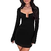 GOKATOSAU Women's Mesh Long Sleeve U-Ring Neck Fit and Flare Bodycon Ruched Party Mini Dress