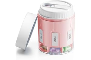 Daviky Pill Bottle Organizer, Supplement Organizer with 7 Large Compartments, Travel Pill Dispenser Round Pill Box with Two Lids（Pink+White）