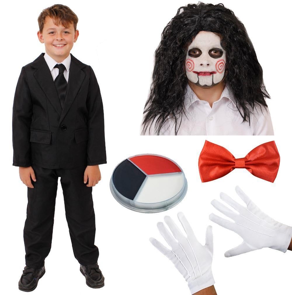 Kids Creepy Puppet Costume - Small - Black Suit, Black Wig, Red Bowtie, White Gloves, Red, White, Grey & Black Facepaint - Childs Halloween Fancy Dress Costume — image 1