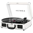 Victrola Vintage 3-Speed Bluetooth Portable Suitcase Record Player with Built-in Speakers | Upgraded Turntable Audio Sound| White/Silver Model Number: VSC-550BT-WSL