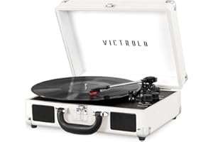 Victrola Journey Bluetooth Portable Suitcase Record Player – with Built-in Speakers, 3 Speed Vinyl Record Player, RCA Out, Headphone Jack (White/Silver)