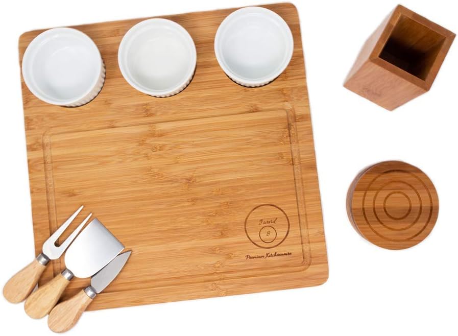 Full-Bundle Cheese Board and Food Serving Set, 13.4 Inches x13.4 Inches Bamboo Charcuterie Board with 4 Wine Coasters, 3 Ceramic Bowls, and Cutlery Set Included