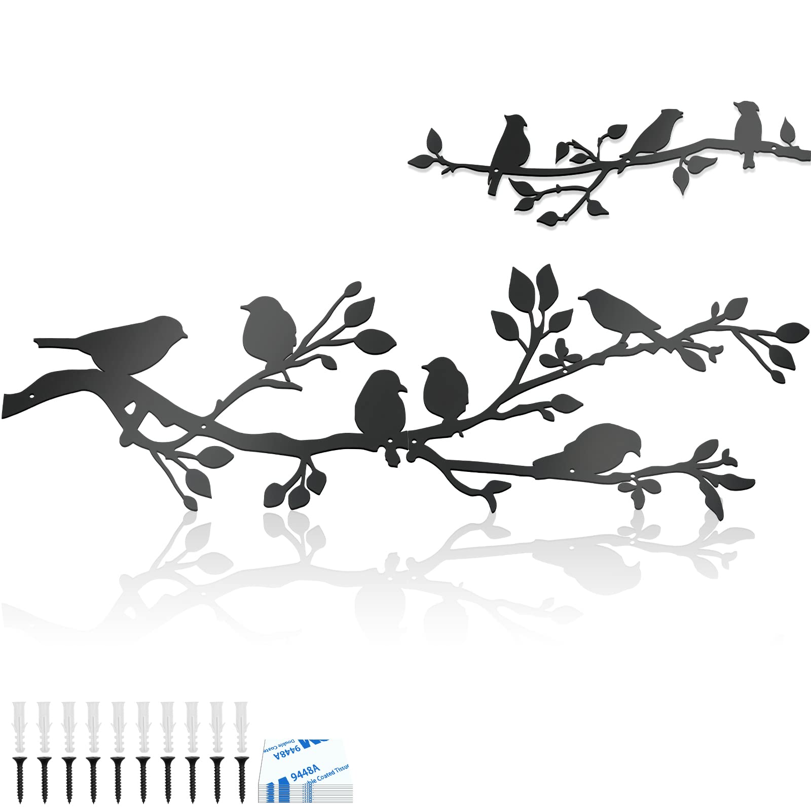 3Pcs Large Metal Birds Wall Art, Giyiprpi on Branch Decor Leaves with Silhouette Sculpture, Ornament Hanging Sign for Balcony Garden Indoor Outdoor Decor, 17*12IN, black