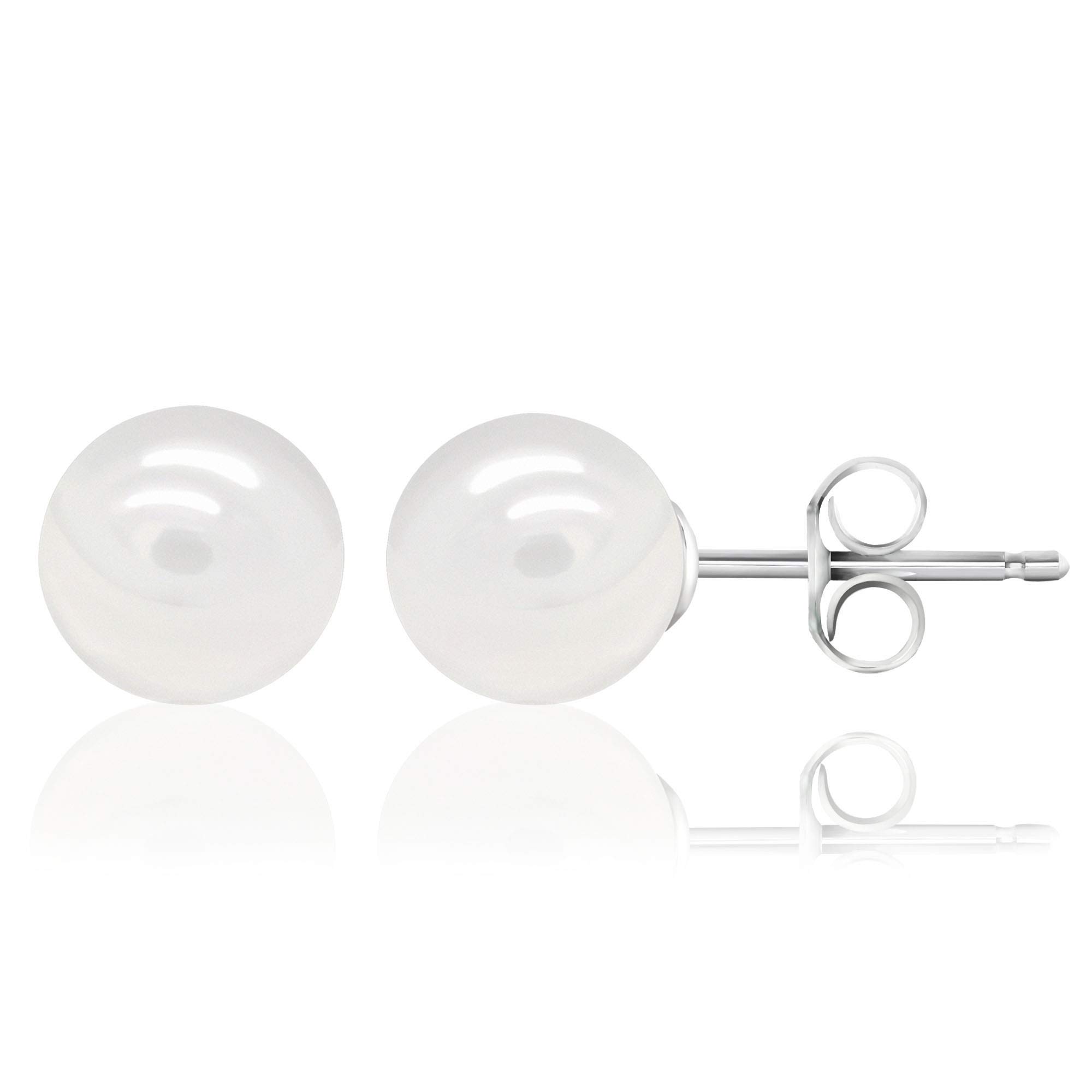 White Smooth Round Shell Base Imitation Pearl Rhodium Plated 925 Sterling Silver Stud Earrings, 9mm