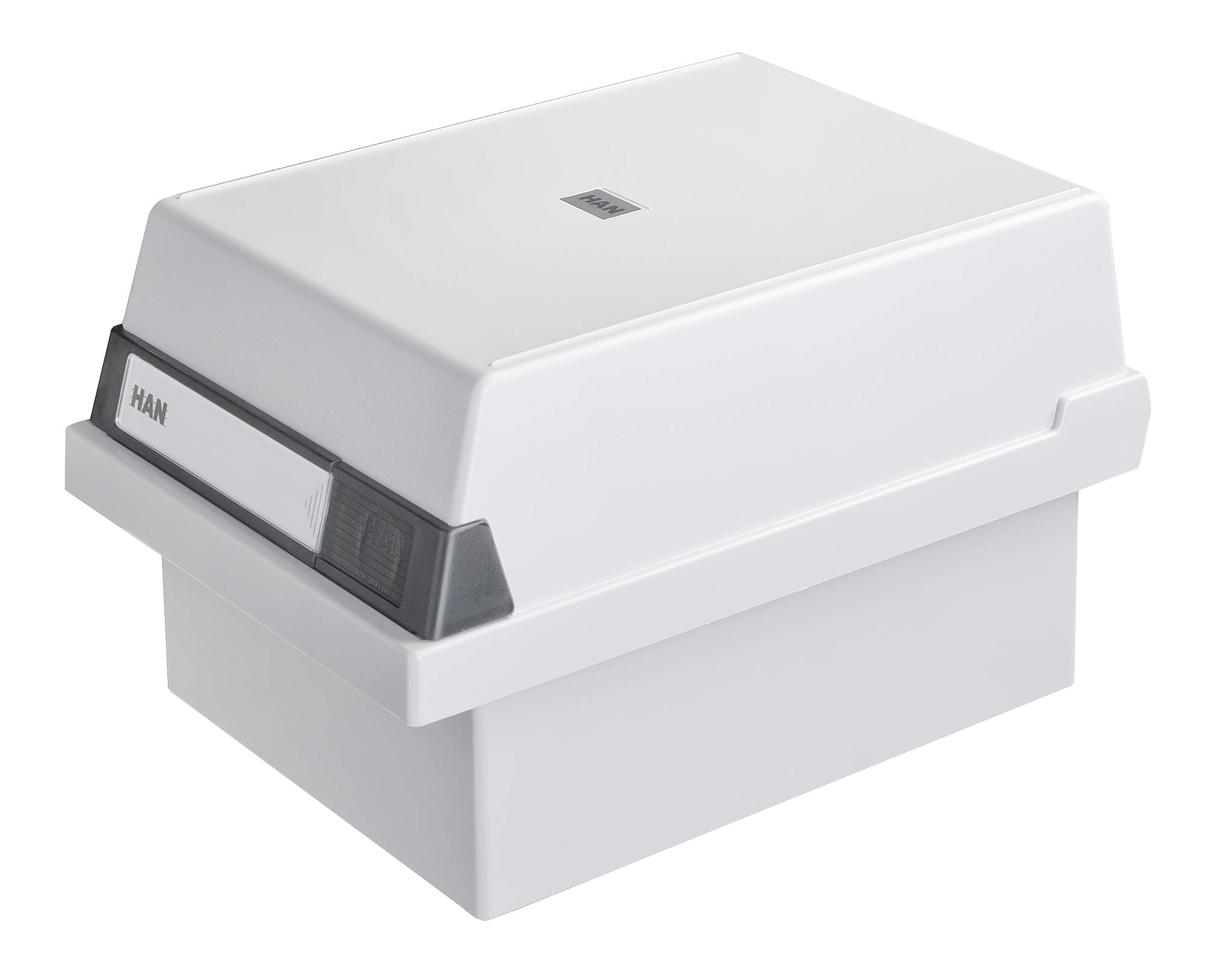 HAN 967-11, Card filing box A7 landscape. Innovative, attractive design holds 800 cards, readjustable lid supplied with large inscription label, light-grey