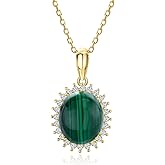 AIBAO 3-8 Carat Natural Turquoise/Malachite Pendant Necklaces for Women Sterling Silver Oval Gemstone Halo Necklace with Adjustable Paperclip Chain Birthday Christmas Jewelry Gift