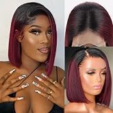 Flady 1B 99j Bob Wig Human Hair 13x4 HD Frontal Lace Wig 150% Density 1B Burgundy Lace Front Wigs Human Hair Pre Plucked Red 