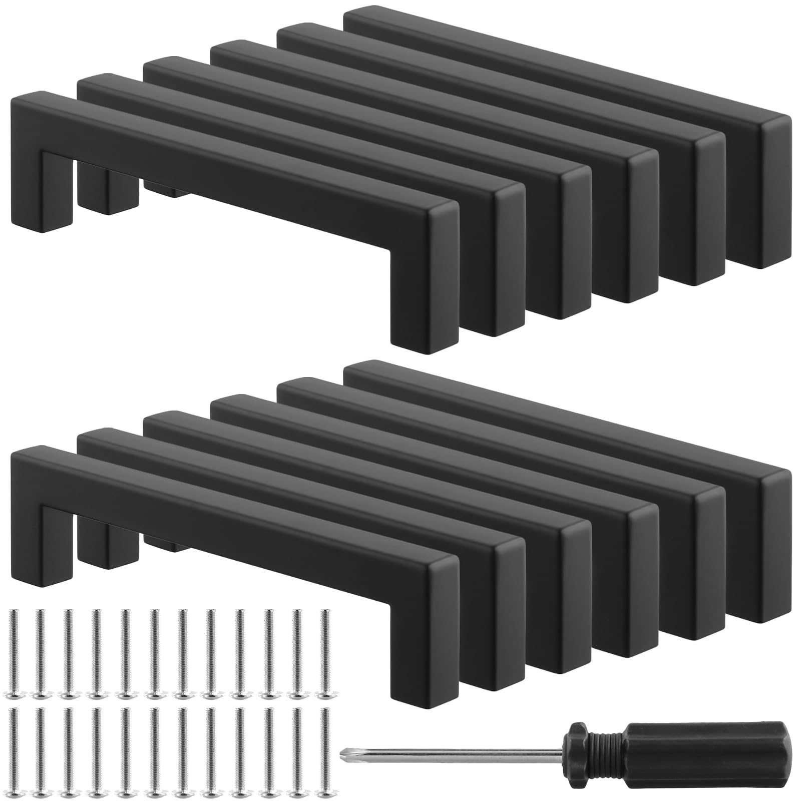 MUKSUET 12 Pack Black Kitchen Cupboard Handles, 128mm/5 Inch Stainless Steel Cabinet Pulls Handles, Black Square Door Handle for Drawer Wardrobes Cabinet Cupboard Door, with Screws and Screwdriver