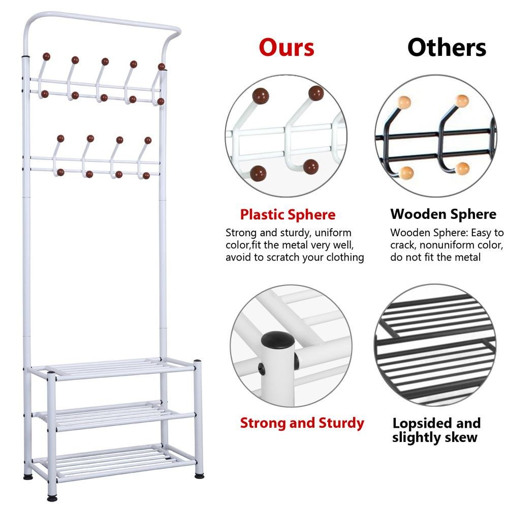Yaheetech Metal 18 Hooks Coat Garment Rack with 3 Tier Shoes Rack Shelves Hall Tree Storage Organizer for Entryway, White