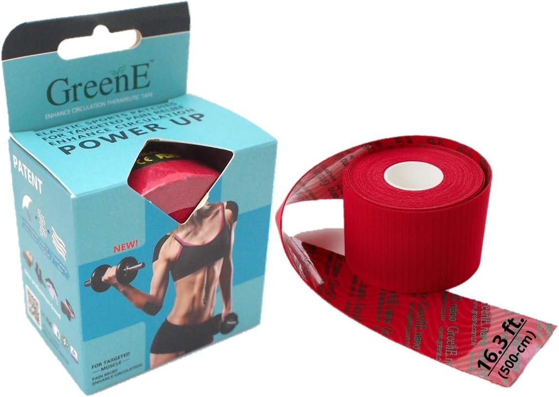 GreenE Pain Relief Tape, 16.3-ft Bulk-Roll, 4-Way-Stretch, True-Kinesio-Therapeutic, Bio Far-Infrared, 36-HR Long-Lasting (1.9in. x 16.3ft. Bulk-roll) (Red)