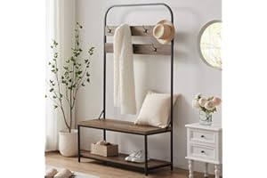 IBF Coat Rack with Shoe Bench, Modern Hall Tree with Storage Bench for Entryway, Industrial Metal and Wood Coat Tree with Shelf and Hanging Hook, Rustic Oak, 70 Inch