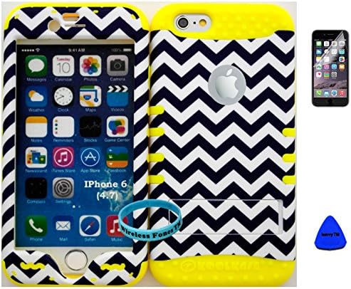 Heavy Duty Hybrid Case for iPhone 6 (4.7") Chevron Design Pattern + Yellow Silicone Kickstand Cover Case NOT FOR IPHONE 6 PLUS 5.5" (Included: Wristband, Screen Protector and Pry Tool Exclusively By Wirelessfones TM)