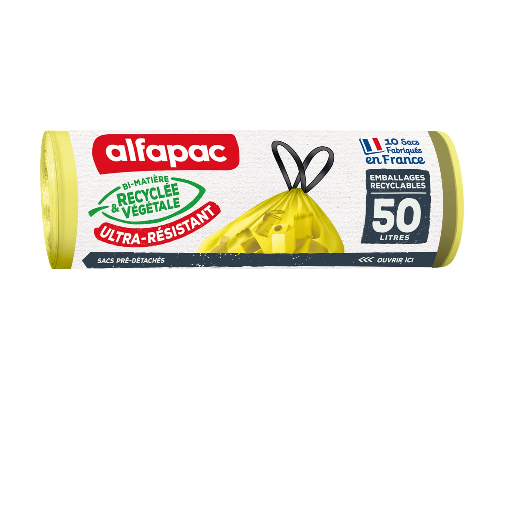 Alfapac - Bin Liners with Drawstring - Heavy Duty - Recyclable Packaging Sorting (excluding Glass) - 76% Recycled and 15% Vegetable - Made in France - 10 x 50L, Green