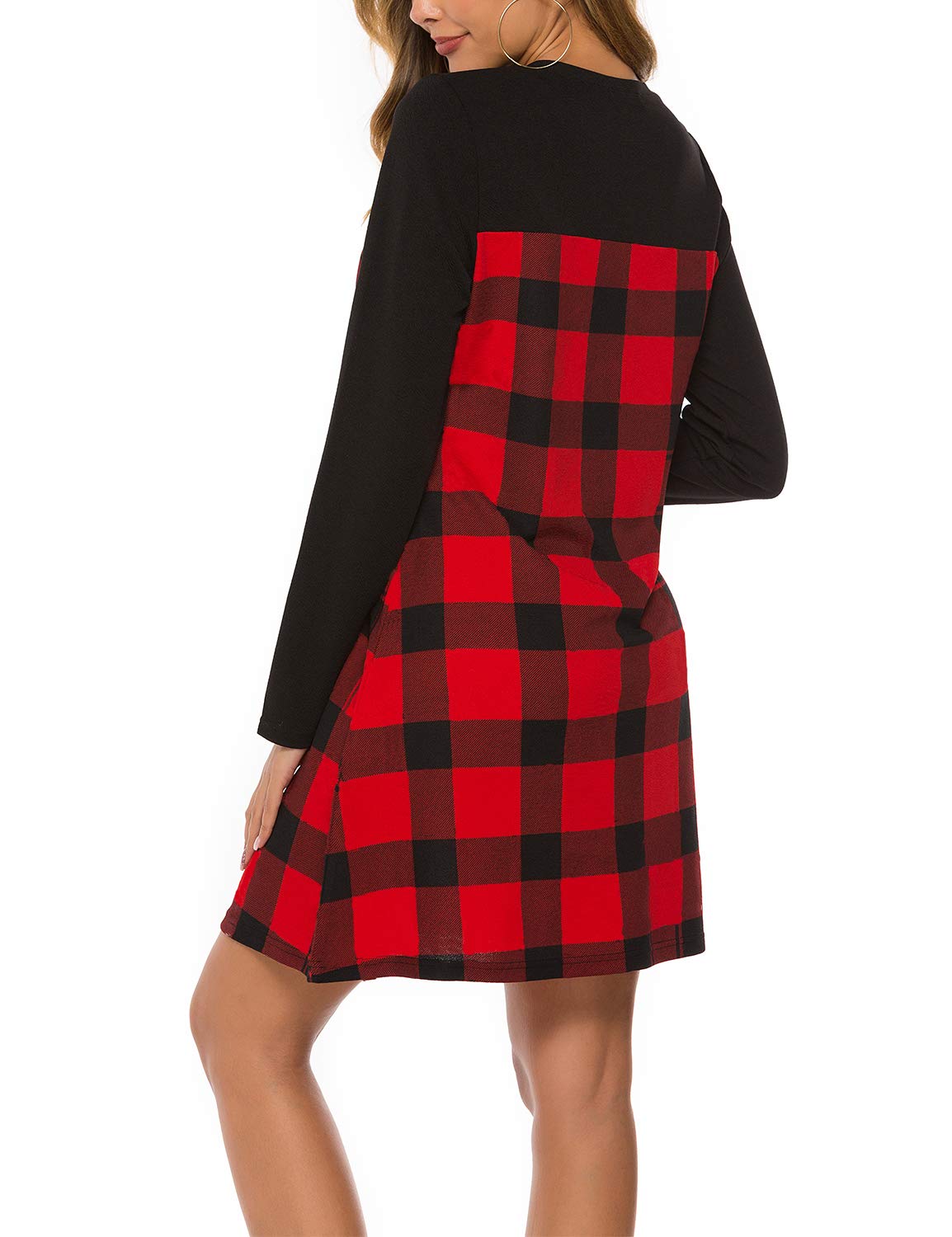 Blooming Jelly Women\'s Casual Plaid Dress Long Sleeve Round Neck Color Block Swing Tunic Dress(S, Red)