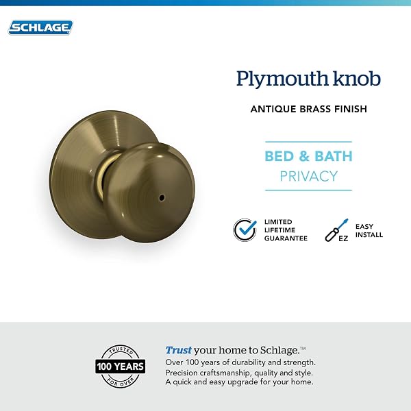 SCHLAGE F40PLY 609 16-080 10-027 PLYMOUTH BED AND BATH KNOB, ANTIQUE BRASS