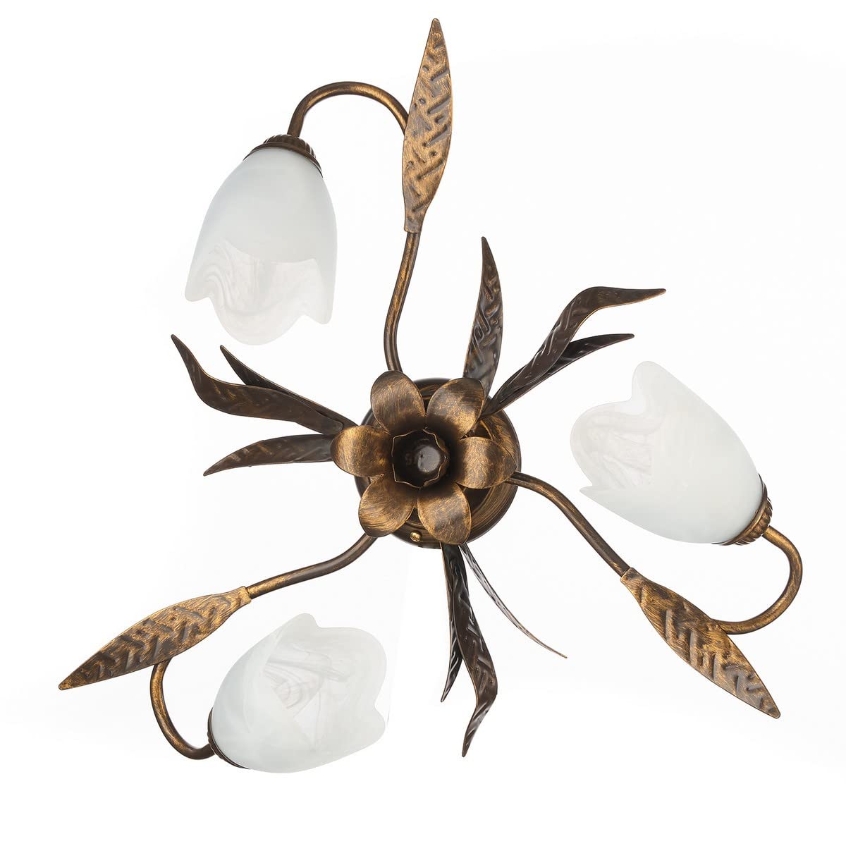 ONLI Forged 3 Light Ceiling Light, Opaque White Glass, Brown Metal with Gold Trim