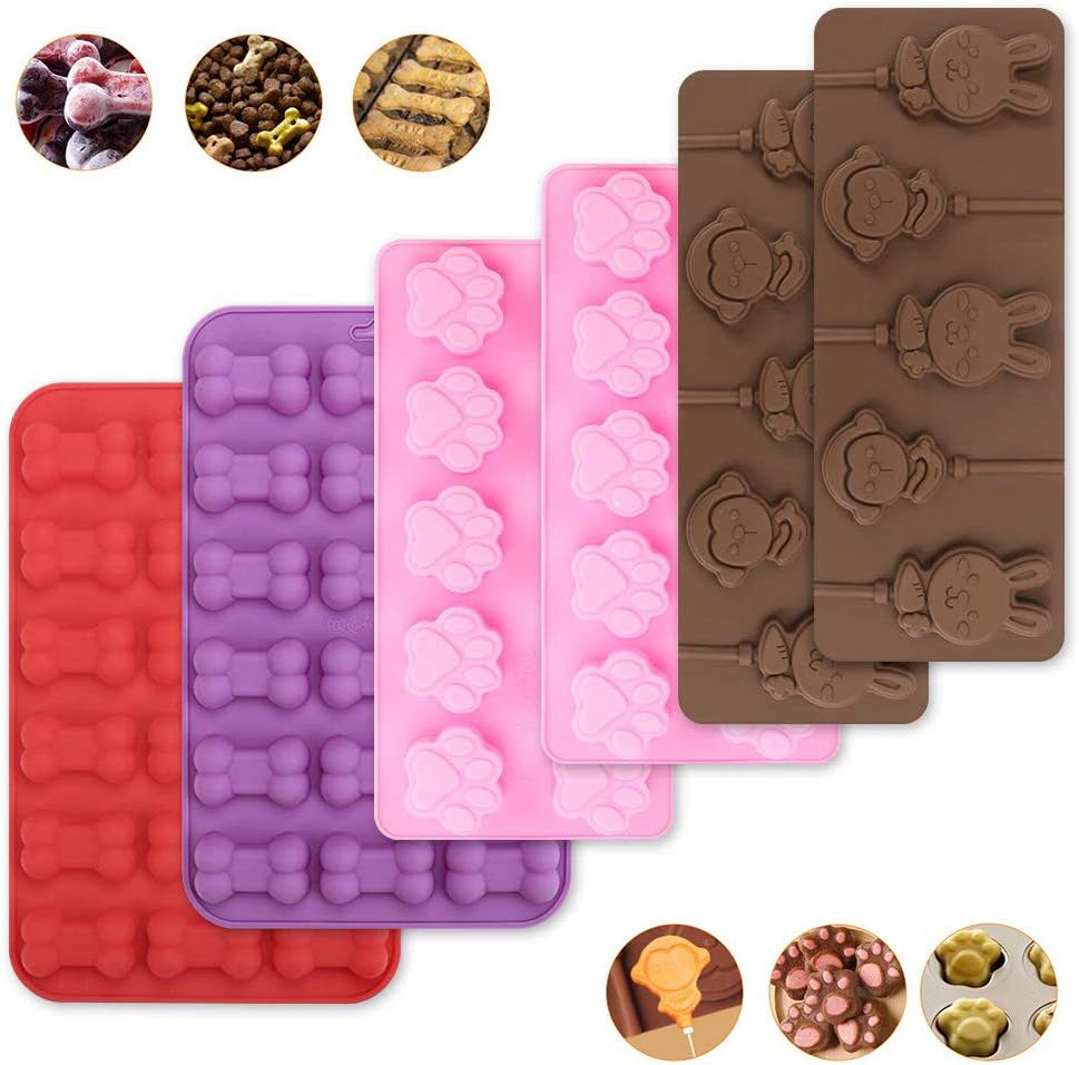 LINGSFIRE 6 Pcs Silicone Mold Silicone Baking Mold Silicone Chocolate Mold Non-stick Ice Cube Mould Dog Bone/Paw/Rabbit and Monkey Reusable Molds and Plastic Rod for Making Ice Cube, Chocolate, Cookie