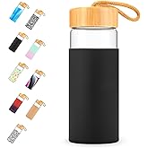 Tronco 20 oz Glass Water Bottles with Lids, Reusable Borosilicate Glass Bottles with Bamboo Lid & Non-Slip Silicone Sleeve for Gym, Hiking, Men and Women, Leak-Proof, BPA-Free, Dishwasher Safe