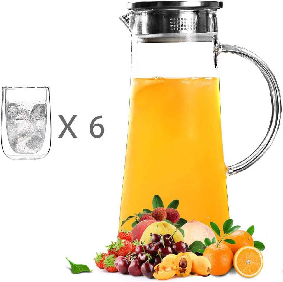 Cupwind 51 oz Borosilicate Glass Water Carafe Pitcher with Stainless Steel Infuser Lid x Set of 6 Double Walled Insulated Glass Coffee Mugs 7oz Explosion-Proof Heat Resistance