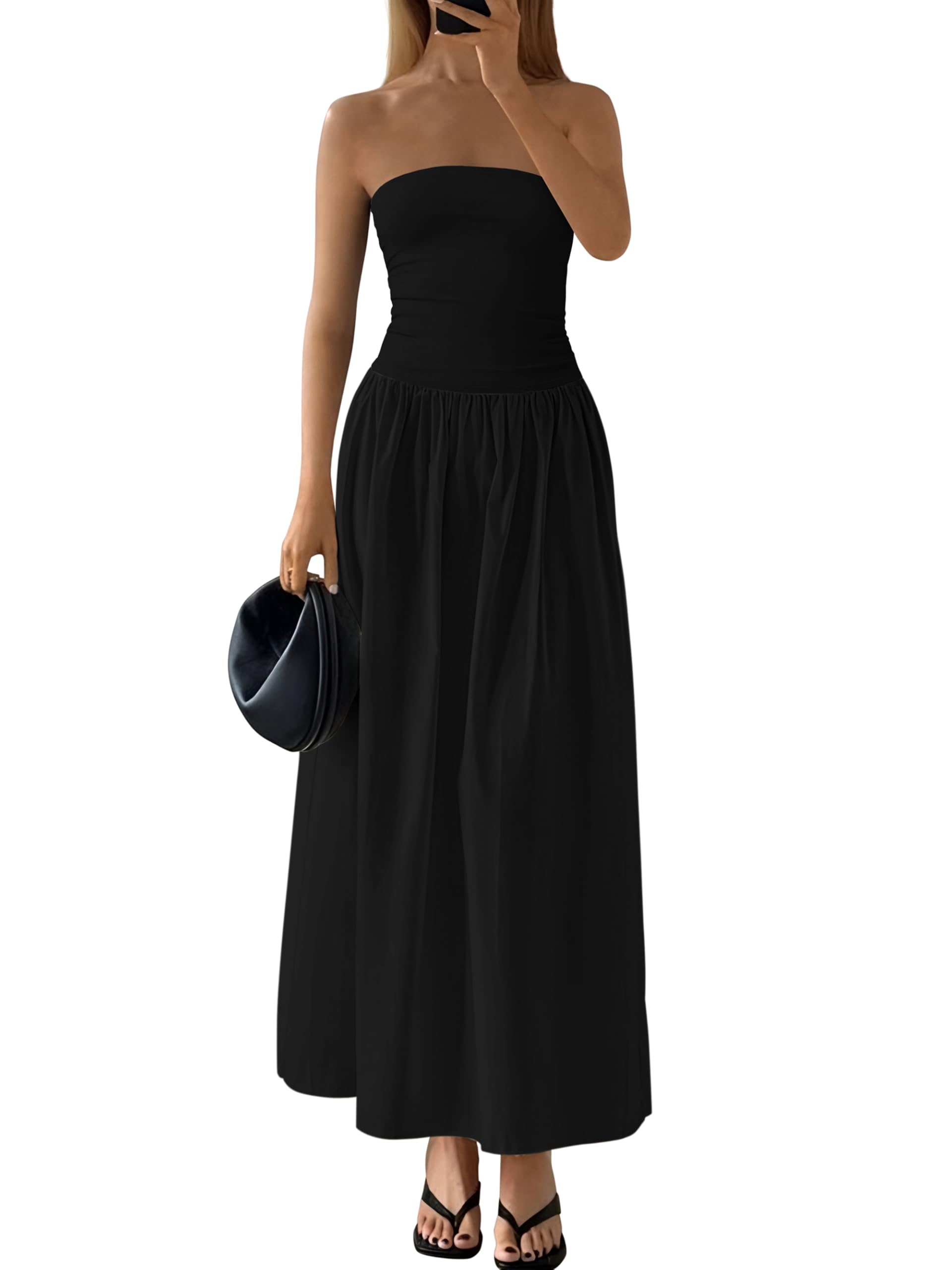 Photo 1 of (SMALL) (USED/FAIR) (BAGGED) PRETTYGARDEN Women 2025 Summer Elegant Strapless Maxi Dress Tube Top Dress A Line Flowy Long Wedding Party Cocktail Dresses(Black,Small)