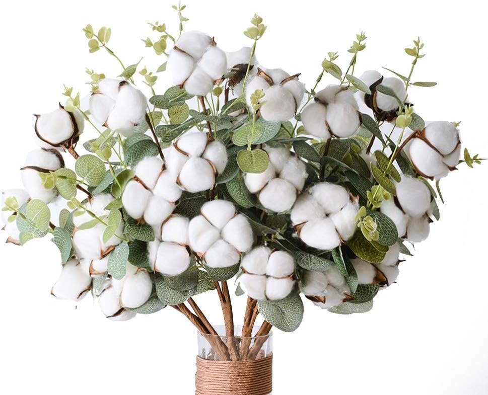 The Wreath King Cotton Stems 4 Stems/Pack 9 Cotton Heads Per Stem 19.7" with Eucalyptus Leaves Natural White Cotton Flowers Boll Farmhouse for Home Decor Wedding Floral Decorations