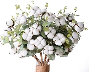 The Wreath King Cotton Stems 4 Stems/Pack 9 Cotton Heads Per Stem 19.7" with Eucalyptus Leaves Natural White Cotton Flowers Boll Farmhouse for Home Decor Wedding Floral Decorations