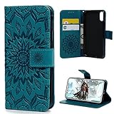 iPhone X Case, iPhone Xs Wallet Case Premium PU Leather Oil Wax Embossed Elephant Detachable Magnetic Cover Credit Card Cash Slots Cover for iPhone X/XS (Embossed Sunflower-Blue)