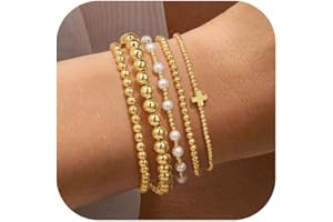 Yoosteel Gold Beaded Bracelets Set for Women Teen Girl Gifts Non Tarnish - 14K Gold Plated Dainty Round Bead Ball Pearl Cross Bracelet Stack for Women Teenage Girls Stackable Jewelry Christmas Gifts