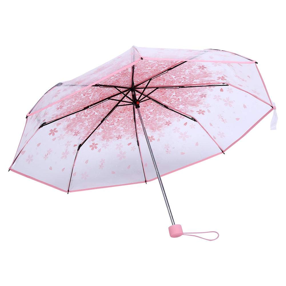 1PC Transparent Folding Umbrella Fashionable Princess Umbrella Compact Clear Canopy Cherry Blossom Four Colors (Pink)