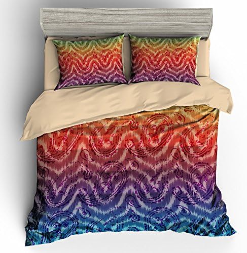 BOMCOM 3D Digital Printing Geometric Diagonal Wave Chevron Pattern Paisley Rainbow Tie Dye Ikat Tribal Aztecs Style 3-Piece Duvet Cover Sets 100% Microfiber Gradient Rainbow(full, Tie Dye Color B)