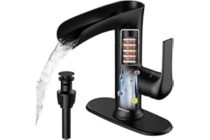 MakeFit Waterfall Bathroom Faucets with Filter, 2024 Newest Filtered Bathroom Sink Faucet, Black Vessel Faucet for Sink 1-Hole and 3-Hole, Faucet Set with Pop Up Drain Stopper, Deck Plate & 2 Hoses