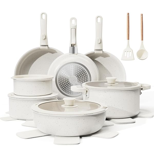 BAZOVA 22-PIECE POTS AND PANS SET NON STICK WITH REMOVABLE HANDLES, CERAMIC COOKWARE SET, LARGE-CAPACITY & NON TOXIC, INDUCTION & RV COMPATIBLE, DISHWASHER SAFE, PFAS/PTFE/PFOA FREE, WHITE