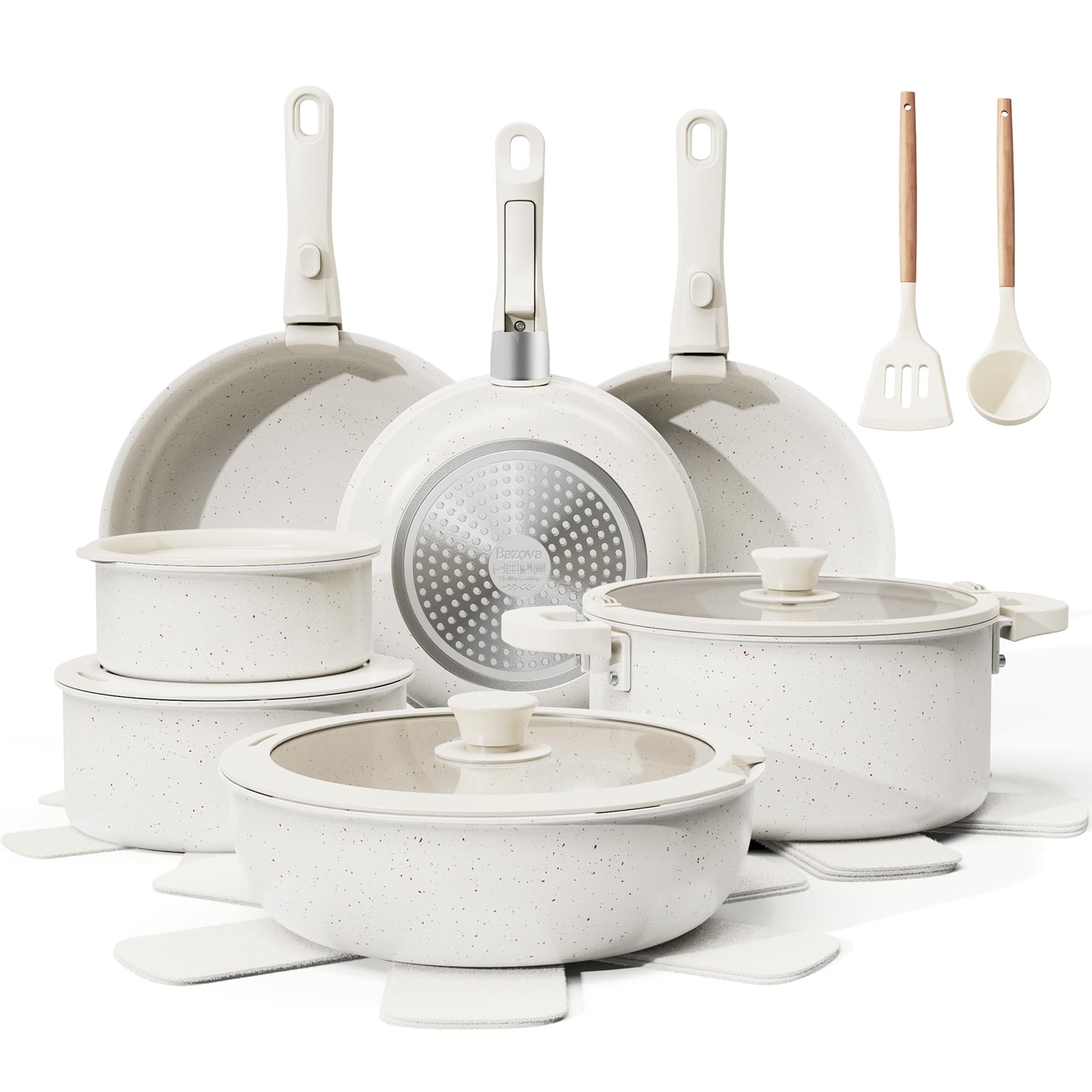 Photo 1 of Bazova 22-Piece Pots and Pans Set Non Stick with Removable Handles, Ceramic Cookware Set, Large-Capacity & Non Toxic, Induction & RV Compatible, Dishwasher Safe, PFAS/PTFE/PFOA Free, White
