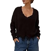 Women's Off Shoulder Sweater V Neck Pullover Distressed Hem Solid Knit Sweater Long Sleeve Crop Tops